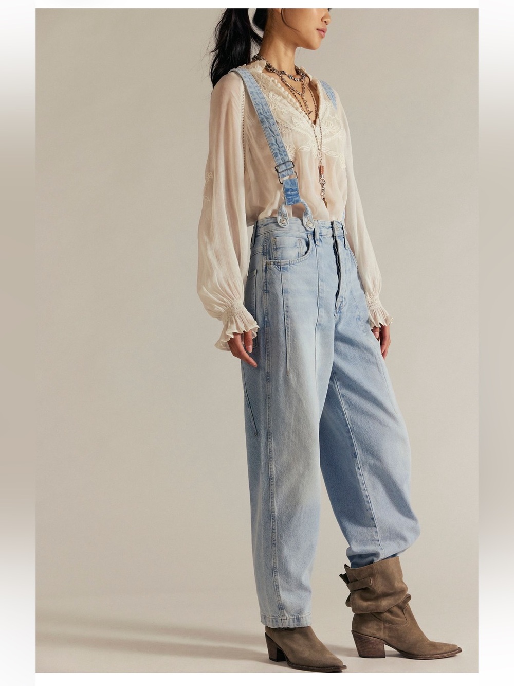 Free People Berkeley Suspender Jeans in shade Homecoming- Light Blue Denim - Picture 15 of 15